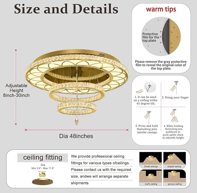 Flashing God Dia 48" Large Chandelier Crystal Gold Ceiling Light Fixtures LED Flush Mount Ceiling Light for Living Room Bedrooms Dining Room Dimmable 2700k 4500k 6000k
