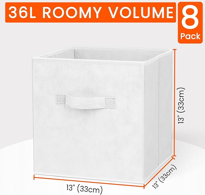 Criusia Storage Cubes - 13 Inch Heavy Duty Fabric Storage Bins for Shelves Closet Cube Organizer - 8 Pack Collapsible Cube Storage Bins Baskets for Clothes Blankets Toys - Nursery Organization (White)