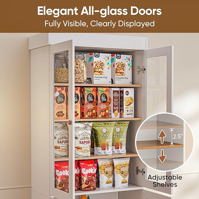 Vyre 71" Tall Farmhouse Kitchen Pantry, Set of 2 Large Storage Cabinets with Glass Doors, Adjustable Shelves, Wood Versatile Hutch Cabinet for Living Room, Dining Room