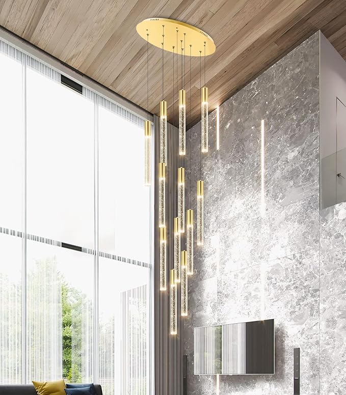 118" High Ceiling Chandelier Linear Crystal Pendants, Remote Dimmable, Compatible Sloped Ceilings, 12-Light Gold, 60 Watts LED, 4800 Lumens