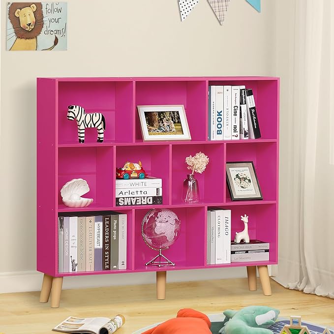 LEYAOYAO 10 Cube Bookshelf,3 Tier Modern Wide Bookcase with Legs,Mid-Century Wood Bookshelfs Storage，Pink Large Book Case,Freestanding Organizer Display Shelf for Bedroom,Living Room,Office