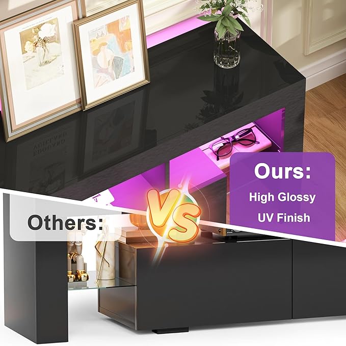 63 inch Modern High Gloss LED TV Stand with Storage for 40 50 55 60 65 70 inch TV, Gaming Entertainment Center, TV Cabinet with Glass Shelves for Living Room, Bedroom, Black