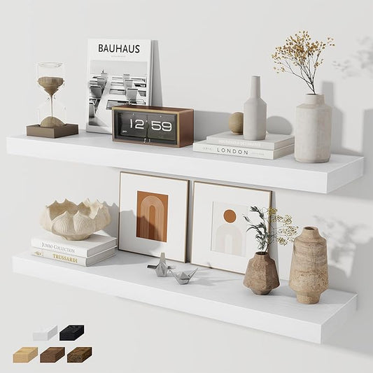 Fun Memories 36 Inch Floating Shelves, Wall Shelves Set of 2 for Bathroom/Living Room/Bedroom/Kitchen, White Floating Shelf for Wall Decor with Invisible Brackets