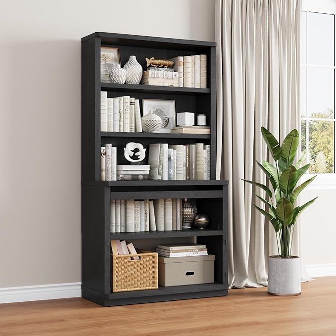 Rresyet 5 Tier Bookcase with Flip-Flop Design, 71" x 37" x 16" Wooden Book Shelf, Extra Bookshelf Storage Organizer, Display Standing Shelf Unit for Home Office, Living Room, Study Room (Black