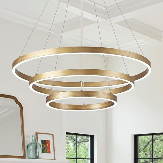LED 3-Ring Chandelier Gold Dimmable Modern Pendant Light with Remote Control Vintage Brass LED Circle Chandelier for Dining Room Entry Foyer Bedroom Living Room,75W