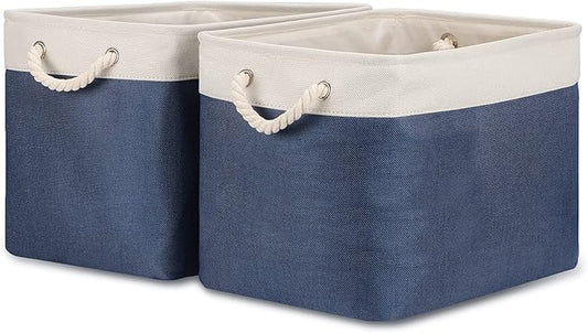 Bidtakay Fabric Storage Baskets with Handles for Organizing 16" x 11.8" x 11.8" Navy Blue Baskets [2-Pack] Shelf Baskets Large Canvas Collapsible Bins for Closet (White&amp;Blue)