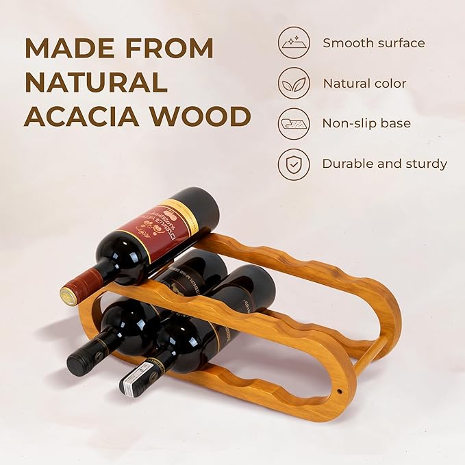 16" Acacia Wood Wine Rack, Elegant 8-Bottle Wooden Countertop Display, Modern Compact Storage Stand for Kitchen, Bar, or Dining Room Decor, Durable & Convenient