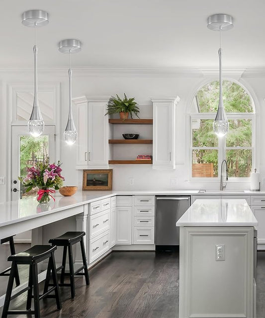 Modern Pendant Lights for Kitchen Island Silver Raindrop Crystal Hanging Light Fxitures Mini Pendant Light Fixture for Dining Room Bar Bedroom （3pack）