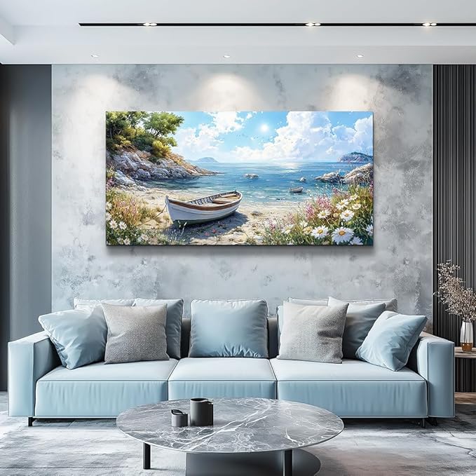 ZUITINGHUA Large Wall Decor For Living Room Canvas Wall Art For Office Modern Wall Decorations For Bedroom Seaside Boat Landscape Painting Farmhouse Pictures Artwork Room Home Decor 24x48 In