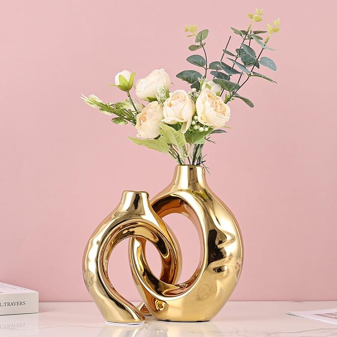 LCCCK Gold Ceramic Vases for Home Decor, Boho Vase for Flowers Pampas Grass Decorative, Hollow Donut Small Vase for Living Room Table Wedding Centerpiece Modern Vases (Gold)