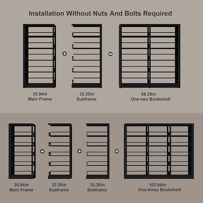 5-Tier Black Bookshelf, Metal with Adjustable Storage Shelves, Freestanding Bookcases and Bookshelfs, Wide Bookshelf for Home Office, Living Room, Including Book Stopper