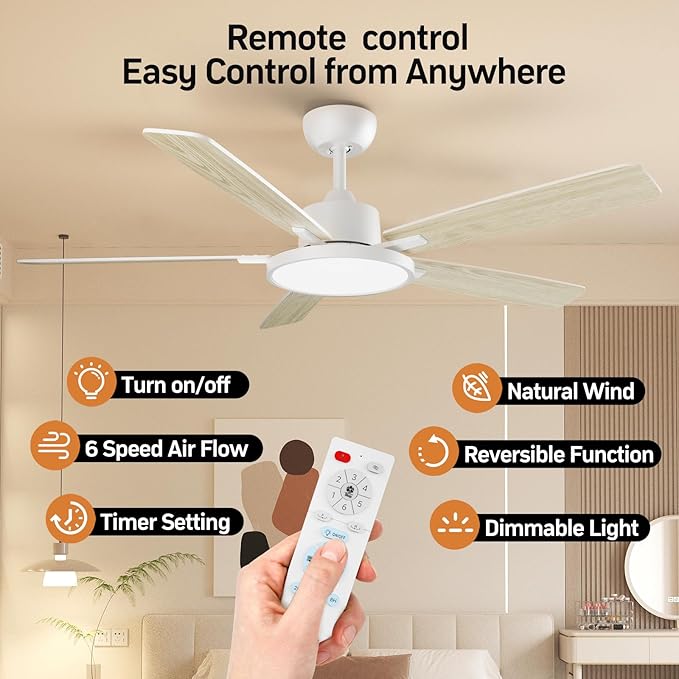 TALOYA 52 Inch White Ceiling Fans with Lights Led Remote Control Flush Mount Low Profile for Bedroom Living Dining Room Outdoor Farmhouse Patio,Reversible,DC Motor,Diammable,Buzzer ON/Off,5 Blades