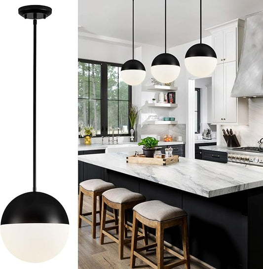 10in Globe Pendant Light Black Large Glass Kitchen Island Pendant Light Fixtures Mid Century Modern Frosted Glass Hanging Light Milky White Ball Pendant Lights for Kitchen Sink Dining Bedroom Entry