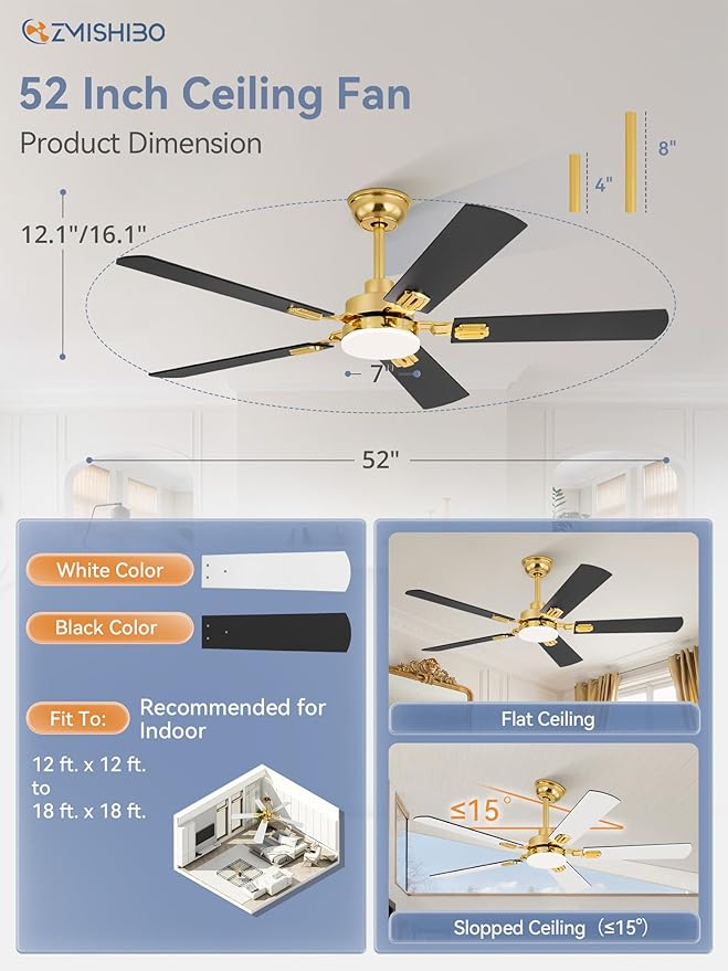 ZMISHIBO 52" Ceiling Fans with Lights, Gold Modern Ceiling Fan with Remote, Bedroom Indoor Ceiling Fan with Dual Finish Blades, Quiet & Strong Motor, Bright LED Light
