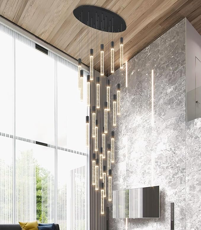 13 Foot High Ceiling Chandelier for Entryway Modern Crystal Lights for Living Room Foyer Flush Mount Sloping Ceiling Pendant Light Fixture Remote Dimmable 24-Lights Black