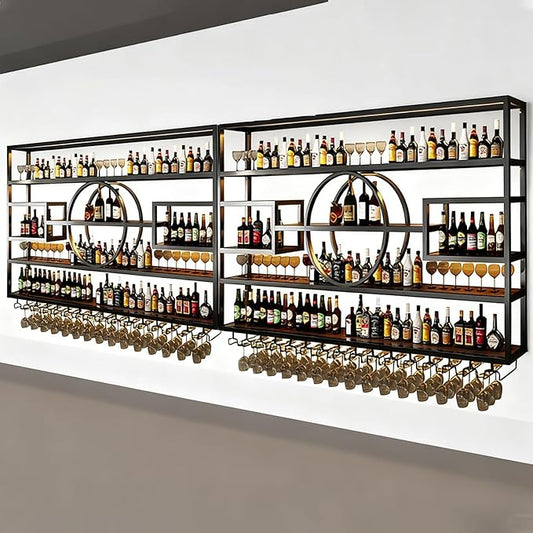 126in Large Wall Mounted Wine Rack, Modern Metal Wine Bottle and Glass Holder, 4-Tiers Liquor Bottles Floating Shelves Display Storage for Home Bar &amp; Dining Room Decorative (BLACK, 126 * 8 * 51INCH)