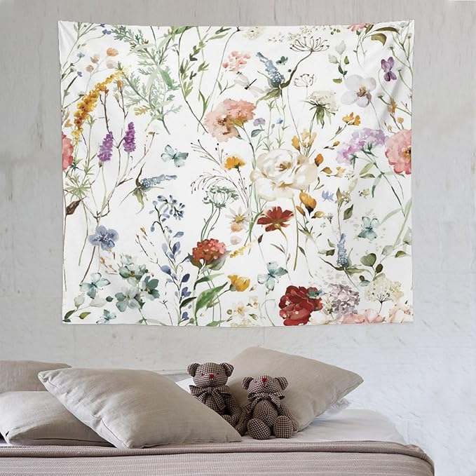 Kurtect Floral Tapestry,Colorful Watercolor Spring Flowers Botanical Theme Print Tapestries for Living Room Party Beach Picnic Blankets Tablecloths Wall Decor, 50x60 in