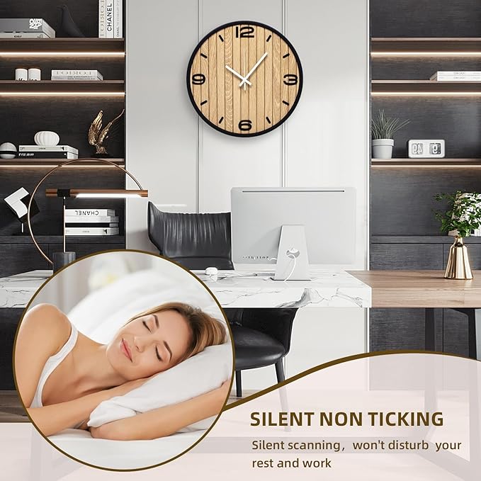 12 Inch Wooden Round Wall Clock Battery Operated, Silent Non-Ticking Analog Clocks with Seconds Hand Modern Art Decorative for Office, Home, Living Room, Kitchen, Bedroom, Entryway