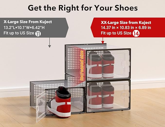 Kuject XX-Large Shoe Storage Boxes Organizers Clear Plastic Stackable 12 Pack, Shoe Rack & Holder Substitute, Sneaker Containers, Toy Storage Organizer Bins for Entryway, Closet, Under Bed, Black