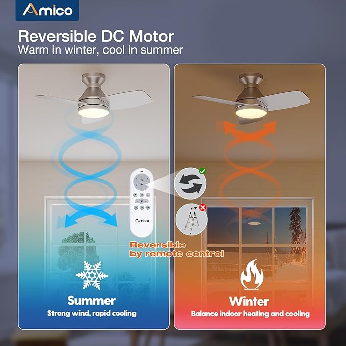 Amico Ceiling Fans with Lights, 30 Inch Low Profile Ceiling Fan with Light and Remote Control, Flush Mount, Reversible, 3CCT, Dimmable, Noiseless, Silver Ceiling Fan for Bedroom, Indoor/Outdoor Use