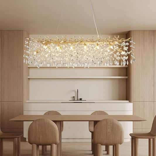 YUYI Modern Crystal Chandelier, 47.2" Gold Tree Branch Chandelier, 14-Lights Rectangular Raindrop Chandeliers for Dining Room, Living Room, Kitchen Island, Foyer, Bedroom, Luxury Hanging Light Fixture