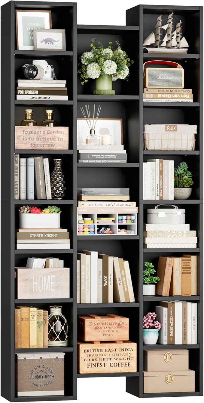 FOTOSOK 71'' Tall Bookshelf, Triple Wide Black Bookshelf with Adjustable Shelves, 8 Tier Media CD DVD Storage Tower Rack, Diaplay Cabinet Shelf, Cube Storage Organizer Shelf for Home Office, Black