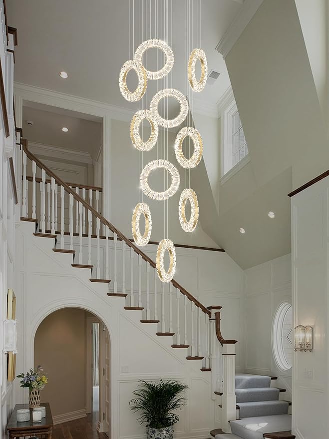 10 Rings High Ceiling Chandelier,Gold Rings Chandeliers,Staircase Chandelier with Remote,Foyer Chandeliers Entryway High Ceilings