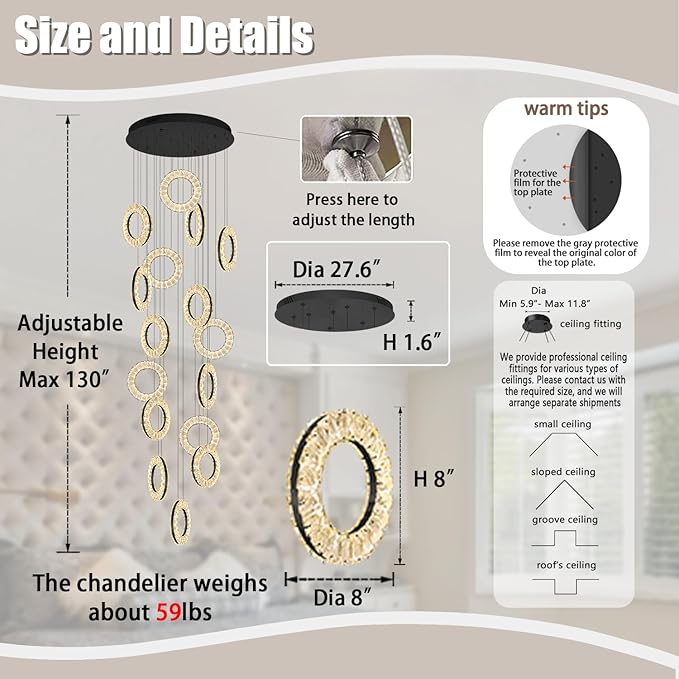 16 Rings High Ceiling Chandelier,Black Rings Chandeliers Staircase Chandelier for High Ceilings,Foyer Chandeliers Entryway High Ceilings