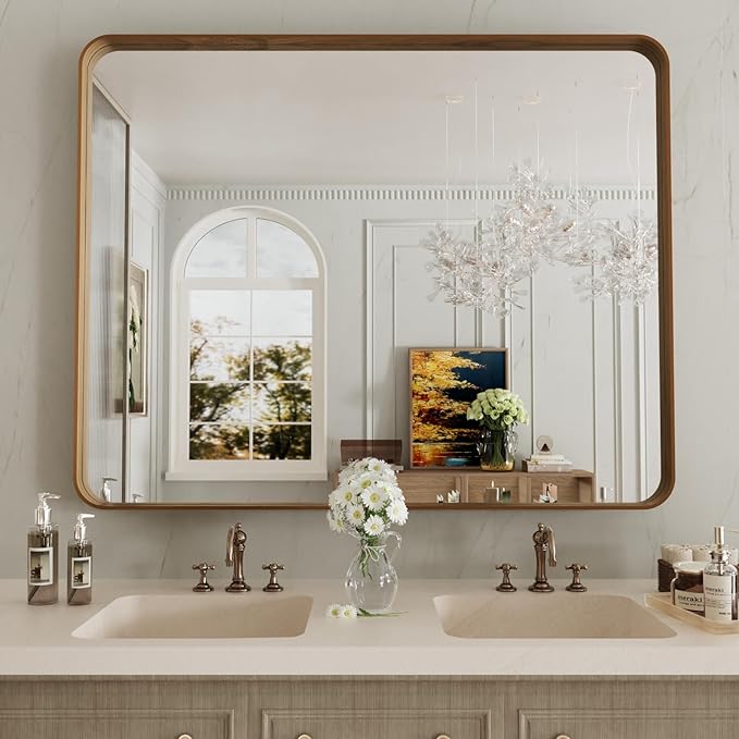 LOAAO 40X30 Inch Bathroom Mirror with Wood Grain Colored Metal Frame, Rounded Rectangle Metal Framed Bathroom Mirror, Anti-Rust, Hangs Horizontally or Vertically, Tempered Glass