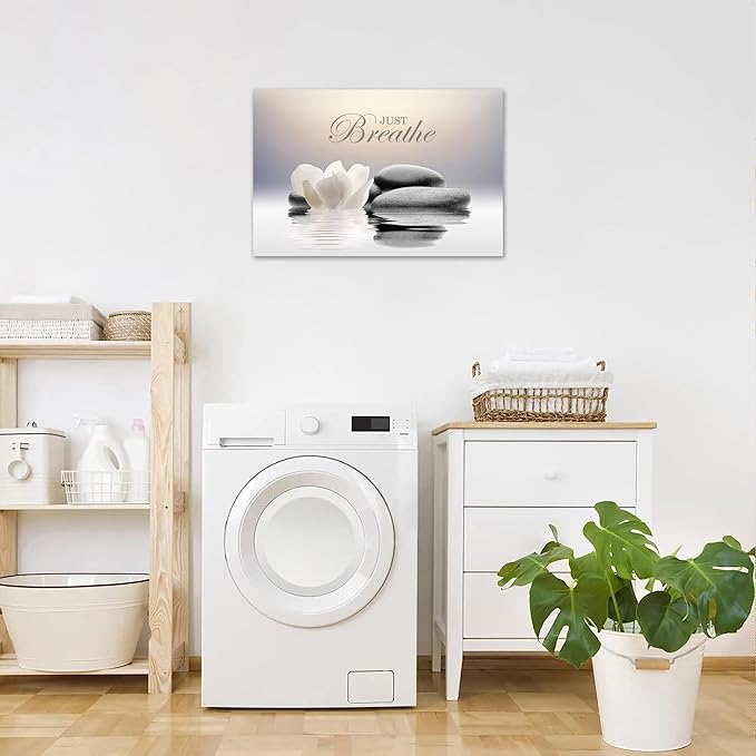 Zen Stone Canvas Wall Art Just Breathe Yoga Quotes Poster for Spa Decor White Lotus Flower Pictures Prints for Bathroom Modern Spiritual Artwork Framed (24 x 36inches)