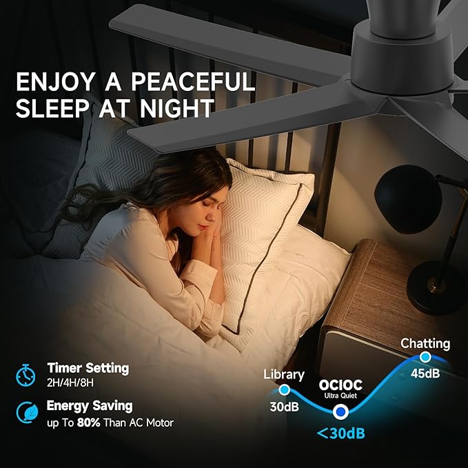 ocioc 44 inch Ceiling Fans with Lights and Remote, Dimmable Ceiling Fans with Reversible Quiet DC Motor, Flush Mount, 3CCT, Black Ceiling Fan for Bedroom Living room Indoor/Outdoor
