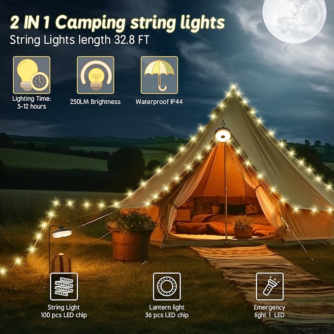 Camping String Lights, Outdoor String Lights with 8 Lighting Modes, Rechargeable String Light Camping 2 in 1, Waterproof Portable Stowable USB Camping Lights for Camping, Yard, Party Decor 32.8 ft
