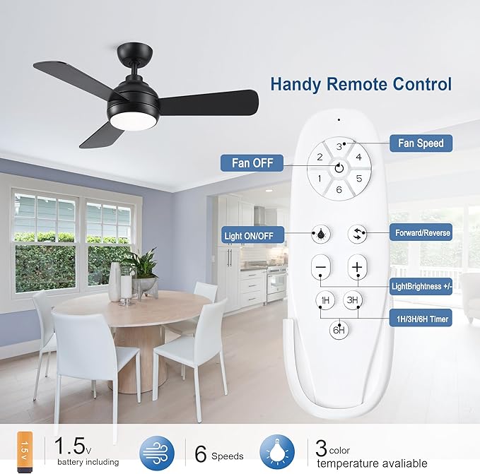 42 Inch Ceiling Fans with Lights, Black Ceiling Fan with Light and Remote Control, Reversible, 6 Speeds, 3CCT, Dimmable, Modern LED Ceiling Fan for Bedroom, Indoor/Outdoor