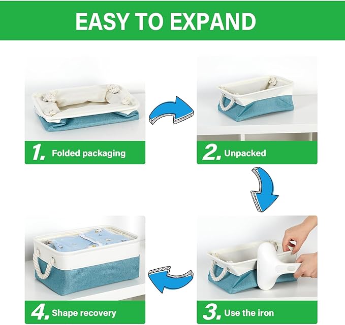 Bidtakay Small Storage Baskets for Shelves 3 Pack Fabric Storage Bins for Organizing Linen Collapsible Organizer for Closet-White&amp;Teal