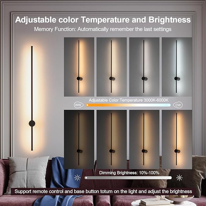 Battery Operated Wall Sconces Set of 2, USB Rechargeable Wall Sconce with Remote Control, Dimmable LED Wireless Wall Lights, 360° Rotation Adjustable Wall Decor for Living Room Bedroom, Black, 40 Inch