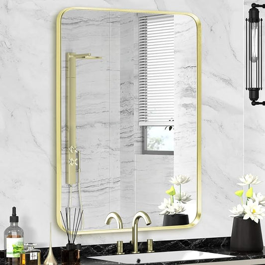 Gold Framed Bathroom Mirror, Brushed Gold Bathroom Vanity Wall Mirror, Rounded Rectangle Gold Frame Mirror, Tempered Glass, Anti-Rust, Hangs Horizontally or Vertically (22" x 30", Gold)