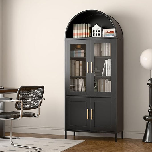 Metal Arched Storage Cabinet, Black Arch Bookcase with Glass Doors, Modern Freestanding Kitchen Pantry Cabinet for Home Office Bar Living Room