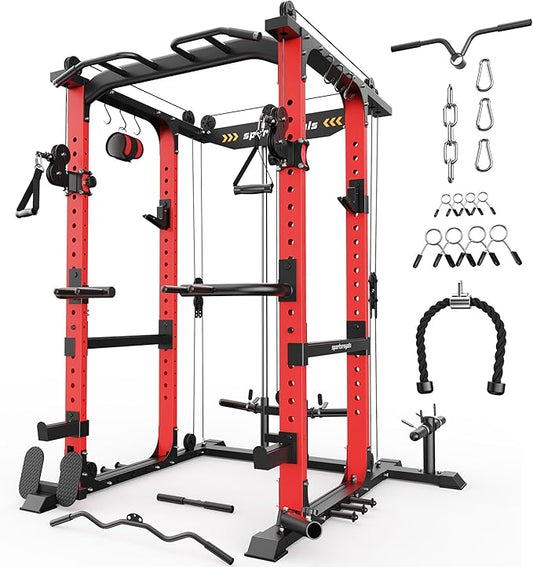 Sportsroyals Power Cage,1600lbs Multi-Function Power Rack with Adjustable Cable Crossover System and More Training Attachment, Weight Cage for Home Gym