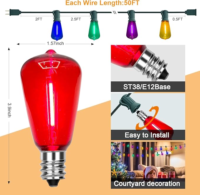 Abeja 50Ft ST38 Outdoor String Lights, Multicolor Patio Lights with 25+2 ST38 Edison Colorful Bulbs, LED Shatterproof Colorful String Lights for Outside Bistro Christmas Patio Party Decorations