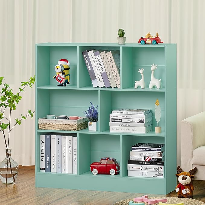 LEYAOYAO 8 Cube Bookshelf with Base,3 Tier Modern Mint-Green Kids Bookcase,Standing Wide Bookshelfs Storage Organizer Toy Shelf,Wood Display Children's Book Shelves for Bedroom,Living Room,Nursery