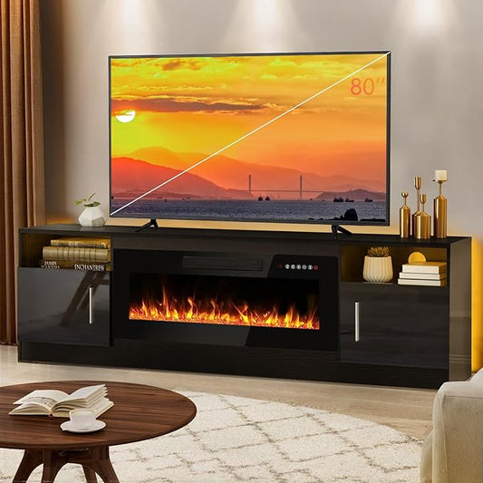 Lemberi Fireplace tv Stand with 36 inch Fireplace Up to 80" TVs,LED Light Entertainment Center and Storage, 70" Modern Wood Media TV Console with Highlight Cabinet for Living Room (Black)