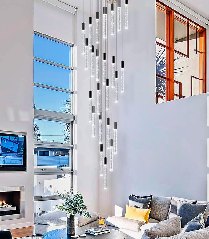 13 Foot High Ceiling Chandelier for Entryway Modern Crystal Lights for Living Room Foyer Flush Mount Sloping Ceiling Pendant Light Fixture Remote Dimmable 24-Lights Black