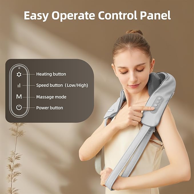 Neck and Shoulder Massager with Heat, Cordless Shiatsu Shoulder Massager for Pain Relief Deep Tissue, Rechargeable 6D Kneading Massage for Neck and Shoulde Pain, Gifts for Mom&Dad (Grey)