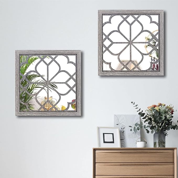 Wocred 2 PCS Square Wall Mirror,Gorgeous Rustic Farmhouse Accent Mirror,Barn Wood Color Entry Mirror for Bathroom Renovation,Bedrooms,Living Rooms and More(20”x20”)
