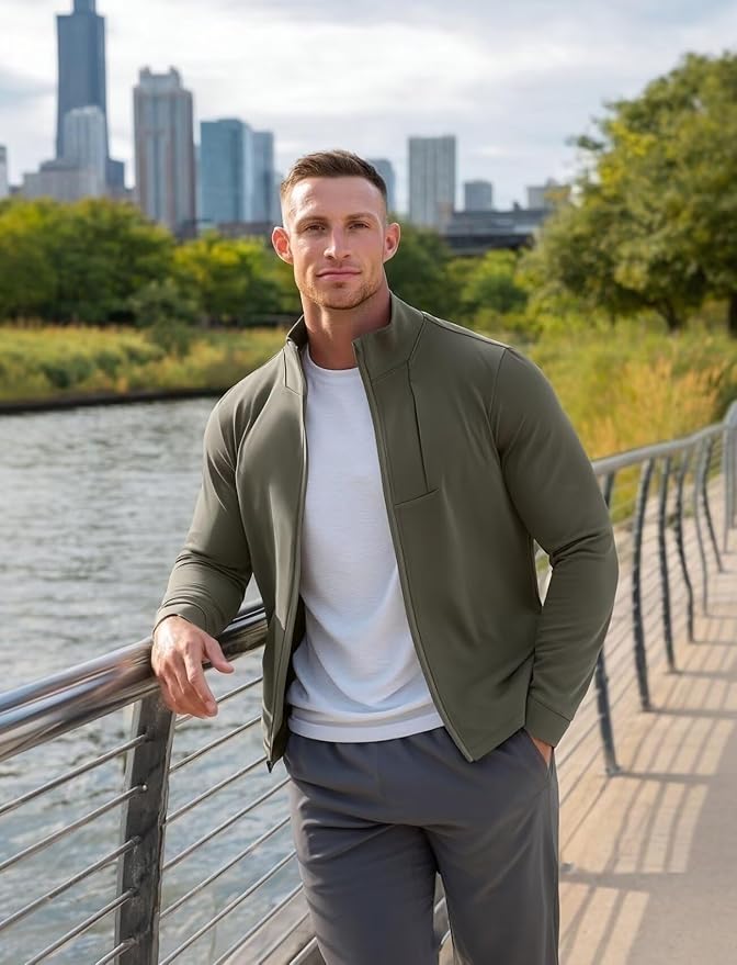 Zengjo Men's Track Jackets Full-Zip Athletic Jacket Sweatshirt Mock Neck with Zipper Pockets