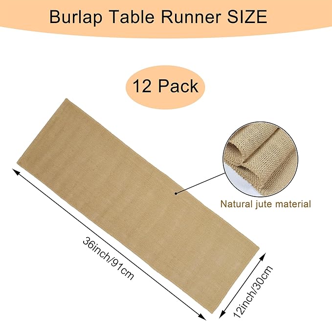 12 Pack 12 x 36 Inch Natural Burlap Table Runners,Rustic Jute Table Runner and Placemats Bulk for Western Wedding Table Decorations,Farmhouse Style Party,Holiday,Kitchen Table Decor