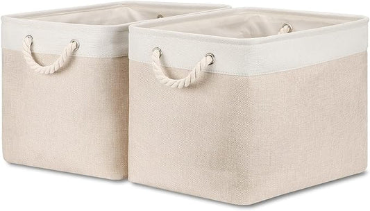 Bidtakay Beige Storage Basket Large Fabric Cloth Baskets [2-Pack] Tall Rectangular Shelf Baskets 16X11.8X11.8 in Canvas Collapsible Storage Bins with Handles for Organizing Living Room(White&amp;Beige)