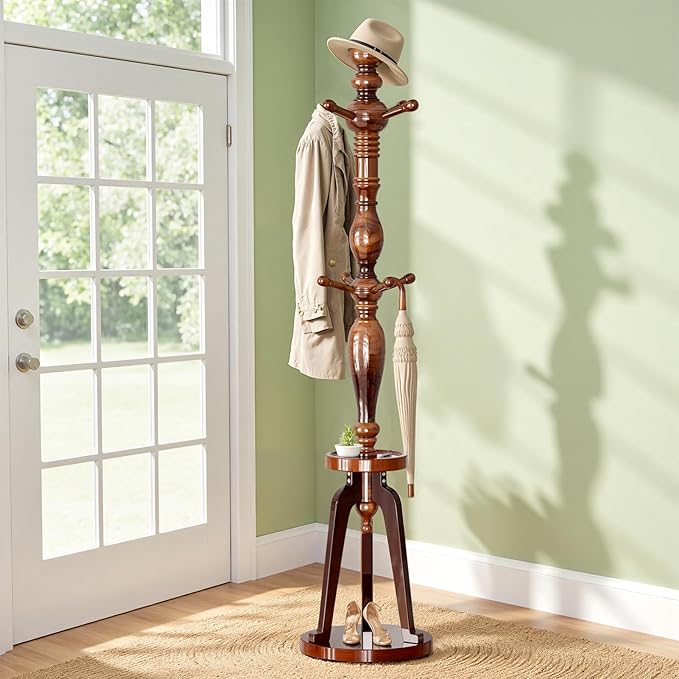 Coat Rack with 8 Hooks, Hall Tree Freestanding with Tray, Wood Coat Tree Heavy Duty with Round Base, Standing Coat Rack, Load Capacity 220 lb, Coat Hanger Stand for Entryway Hallway Office (020-HTS)