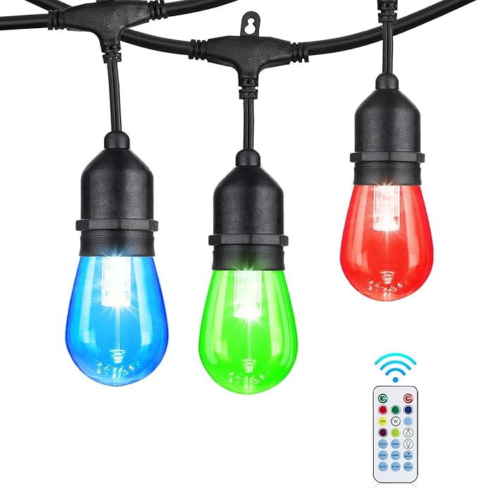 Auroraworld 24FT RGB Outdoor String Lights, Dimmable Color Changing Waterproof LED Patio Lights with Remote, 12 Shatterproof Bulbs for Backyard Garden Party Decor