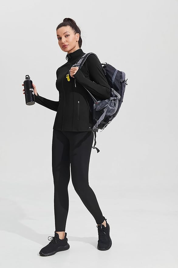 PINSPARK Women's Athletic Jackets Slim Fit Workout Jacket Full Zip Up Running Gym Yoga Sports Tops with Pockets